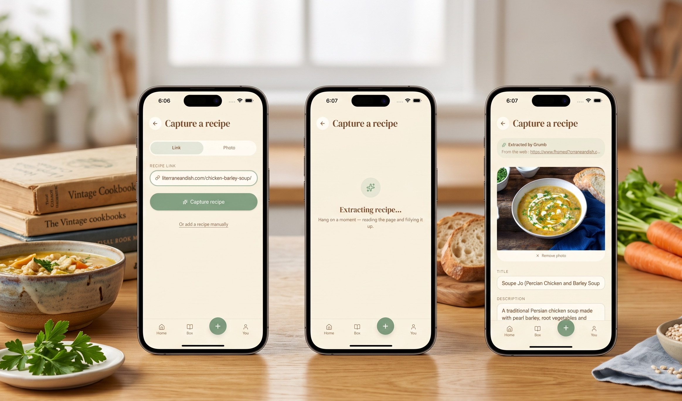 Crumb app showing recipe capture from a link