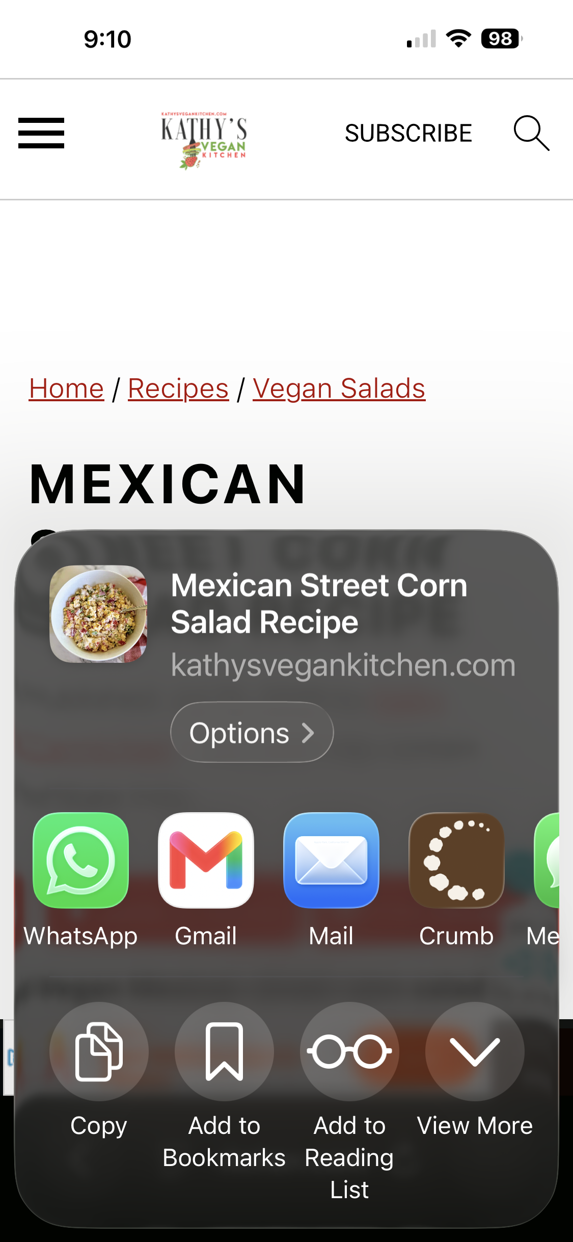 Sharing a website recipe to Crumb from a mobile browser