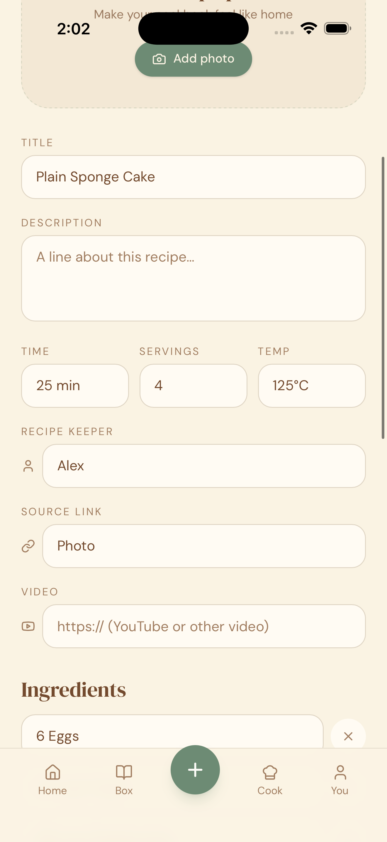 Adding recipe manually