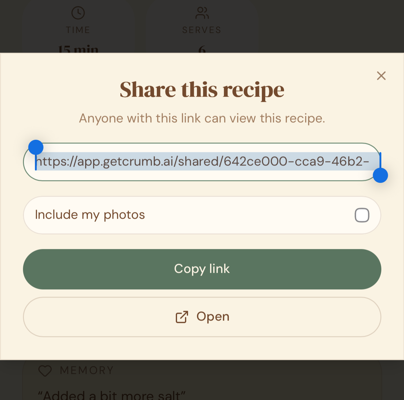 Share recipe link